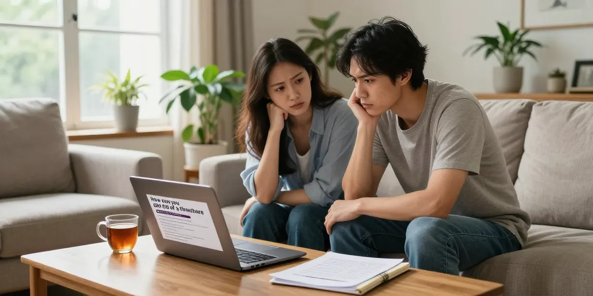Couple discussing how can you get rid of a timeshare in cozy living room filled with paperwork.