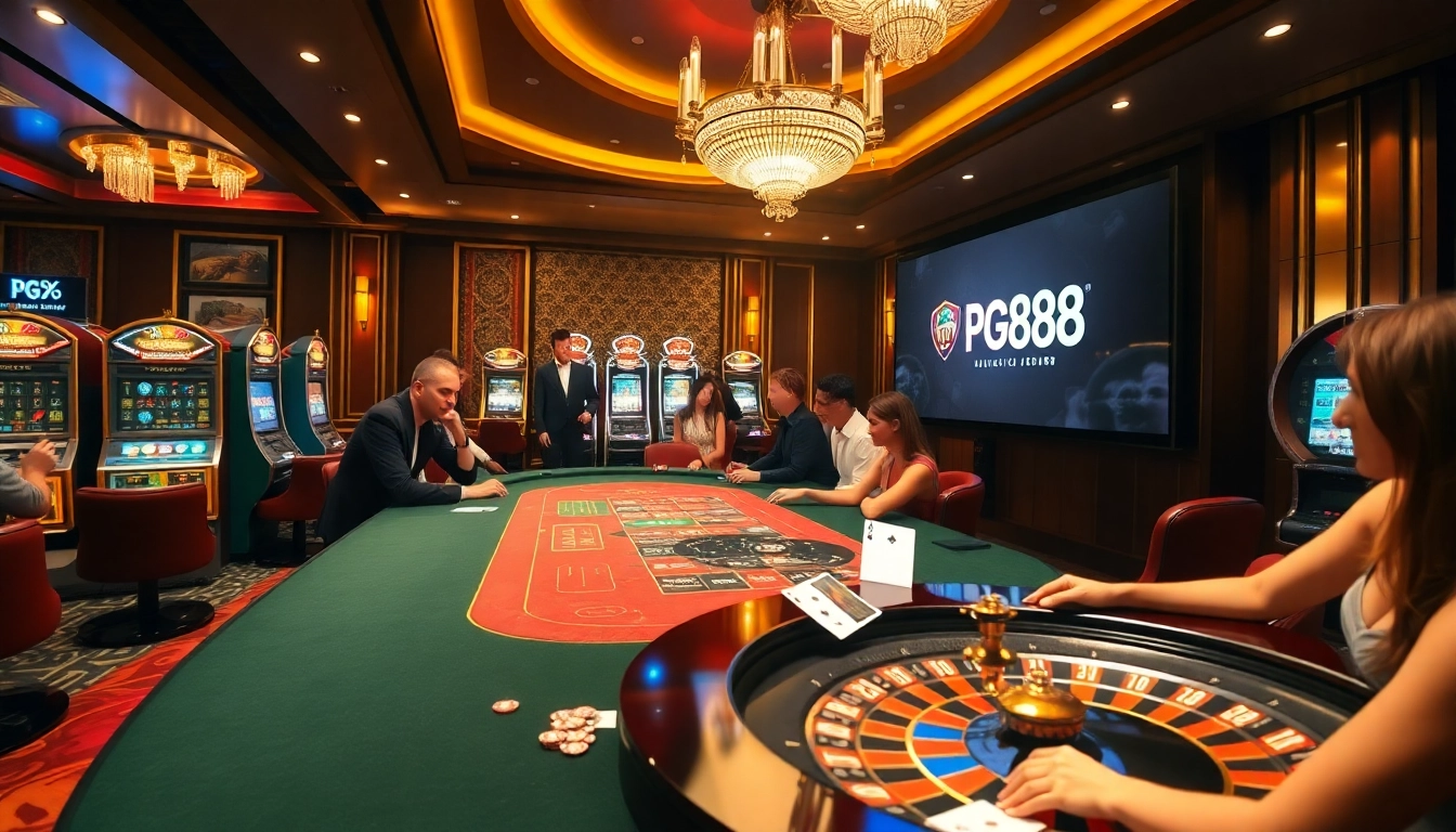 Exciting PG88 casino scene with players at a roulette wheel and poker table, showcasing luxury and thrill.