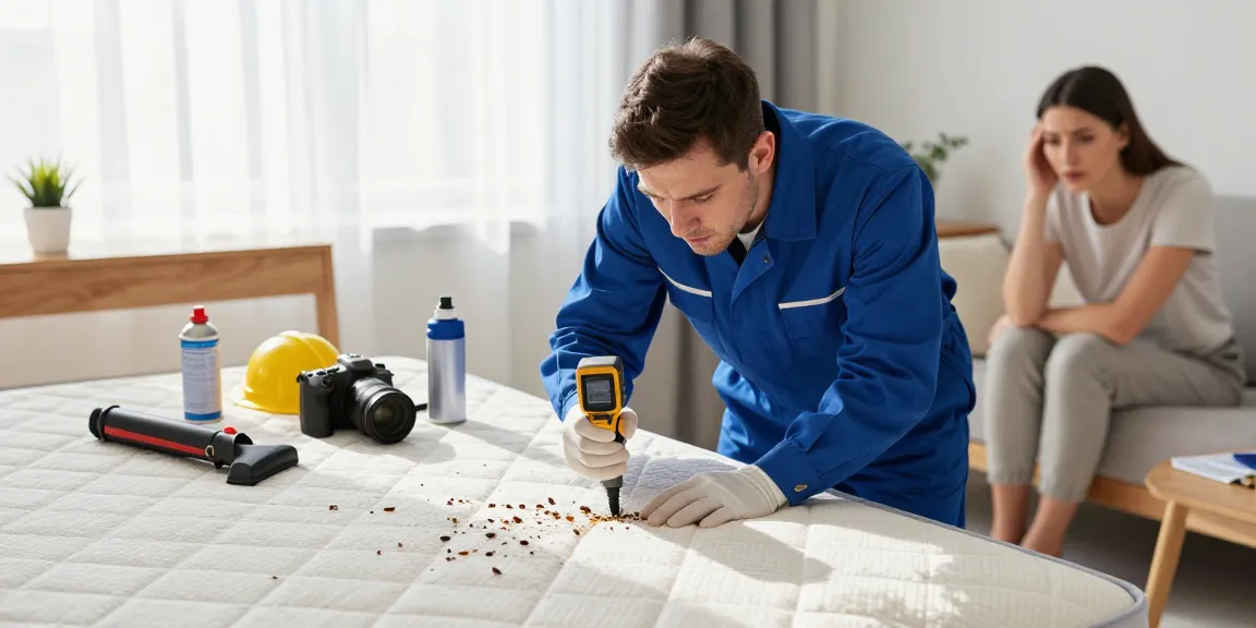 Bed bug exterminator inspecting for pests in a bedroom with professional tools and soft light.