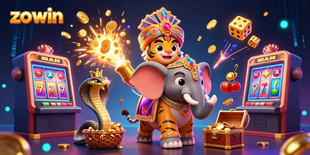 Witness the excitement of zo win with a vibrant scene of a maharaja tiger and casino elements.