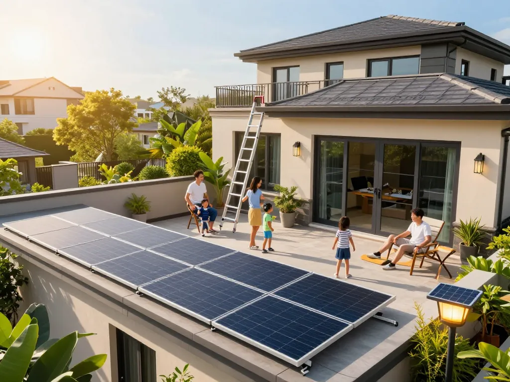 Efficient moduły fotowoltaiczne LONGi installed on a residential rooftop under bright sunlight.