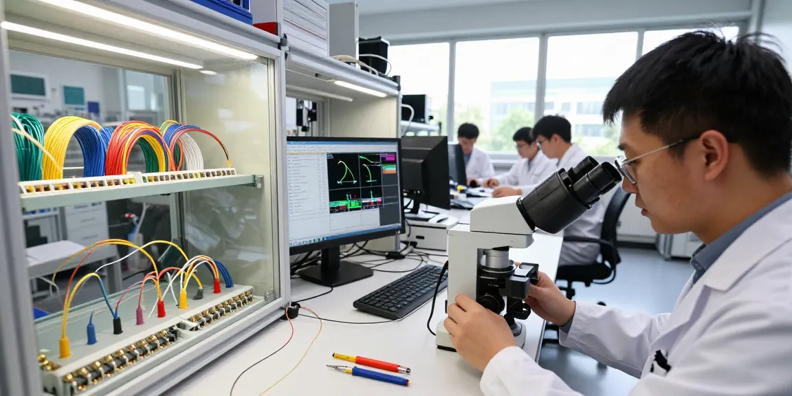 Engineer analyzing lc connectors in a high-tech fiber optics lab with precision tools and digital monitors.