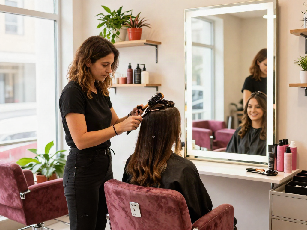 No damage hair extensions applied in a chic beauty salon setting.
