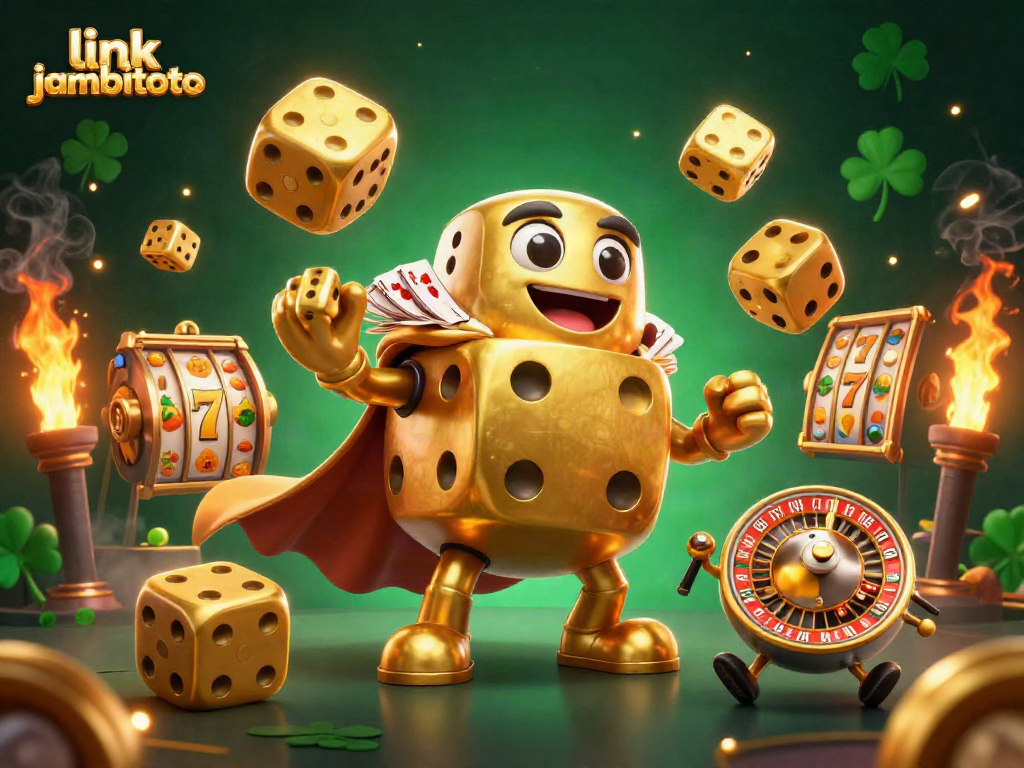 Link jambitoto showcases exciting casino elements like spinning reels and golden dice in a vibrant setting.
