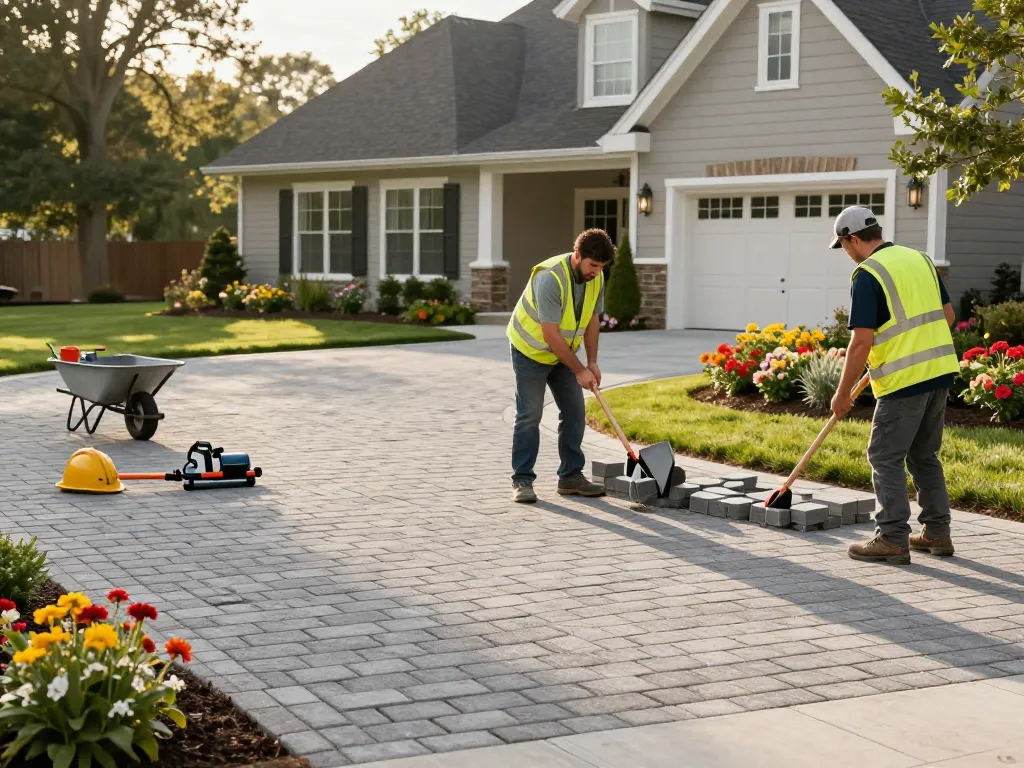 Paver driveway near me, showcasing expert installation of elegant pavers in a beautiful suburban setting