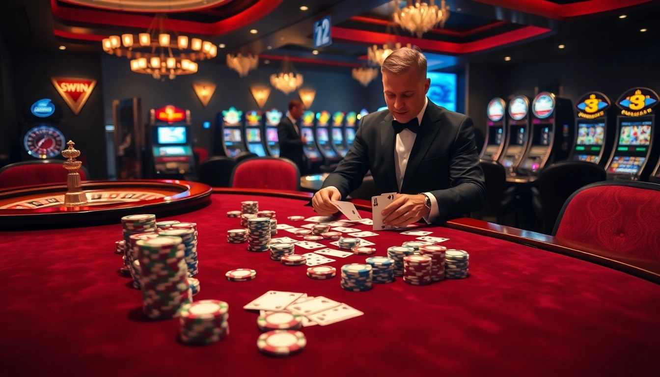 Gambler placing bets at a luxurious poker table in a vibrant casino setting - 32 WIN.