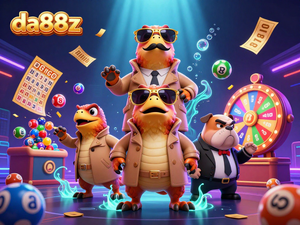 Experience da88z excitement with amusing cartoon raptors attempting to enter a casino lounge amidst dynamic gaming elements.