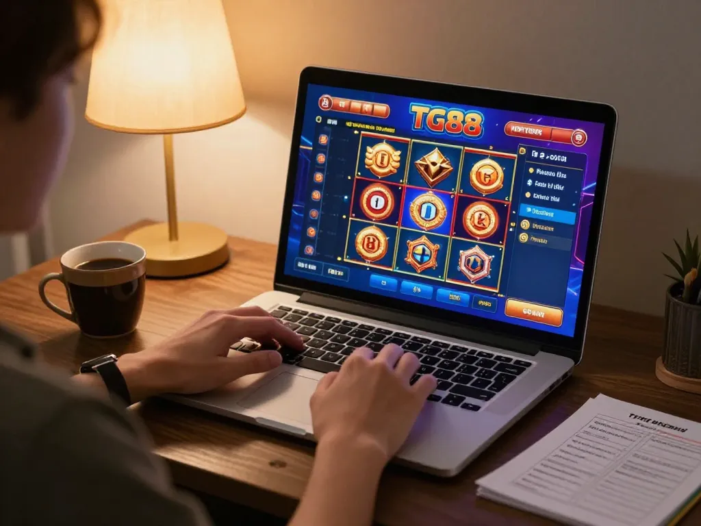 Engaging scene of a player enjoying TG88 online slots in a cozy setting, showcasing responsible gaming.