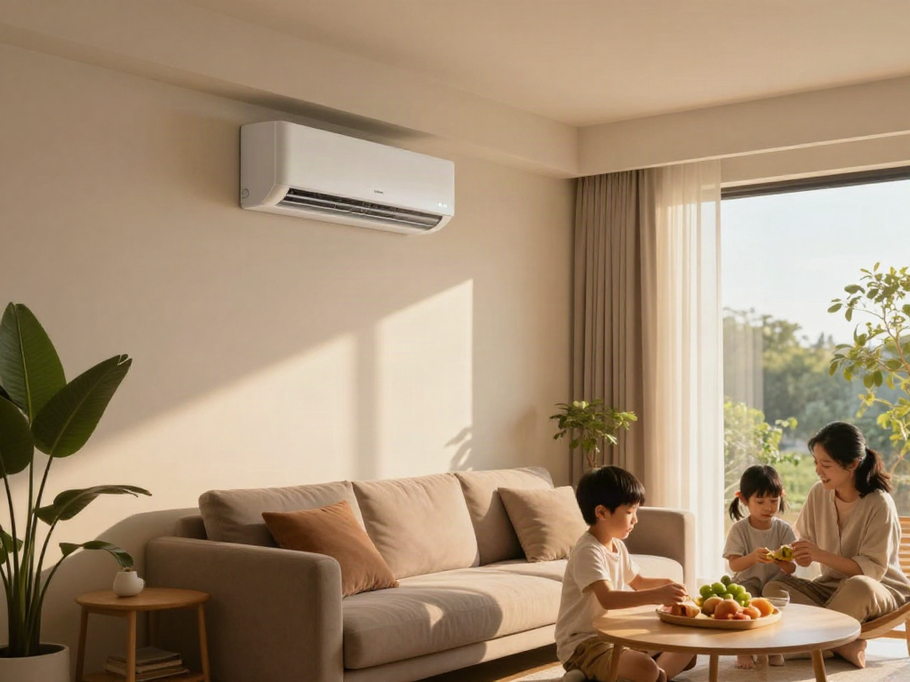 Stylish home interior with a mini split air conditioner providing efficient cooling and cozy family moments.