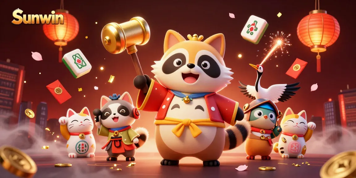 Experience the excitement of Sunwin with a cheerful tanuki, lanterns, and lucky symbols in this vibrant casino scene.