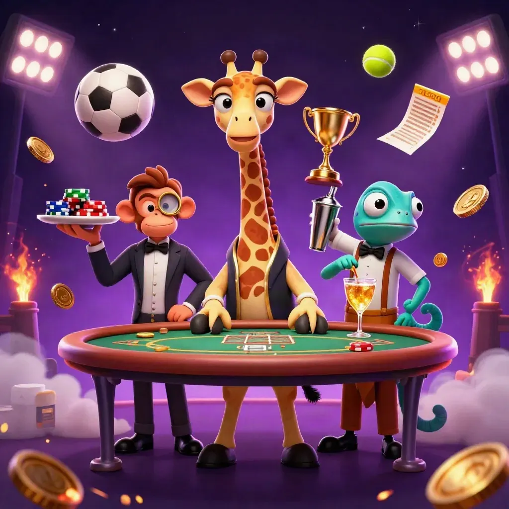 3D casino animals with flying sports balls, gold coins, and dramatic neon lights