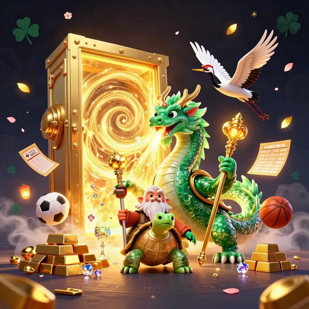 Emerald dragon, turtle sage and cranes amid gold vault, balls, gems and neon casino sparks.