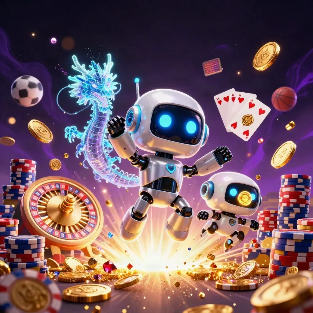 Robot mascot, holographic dragon, and drone amid gold coins, gems, and casino magic