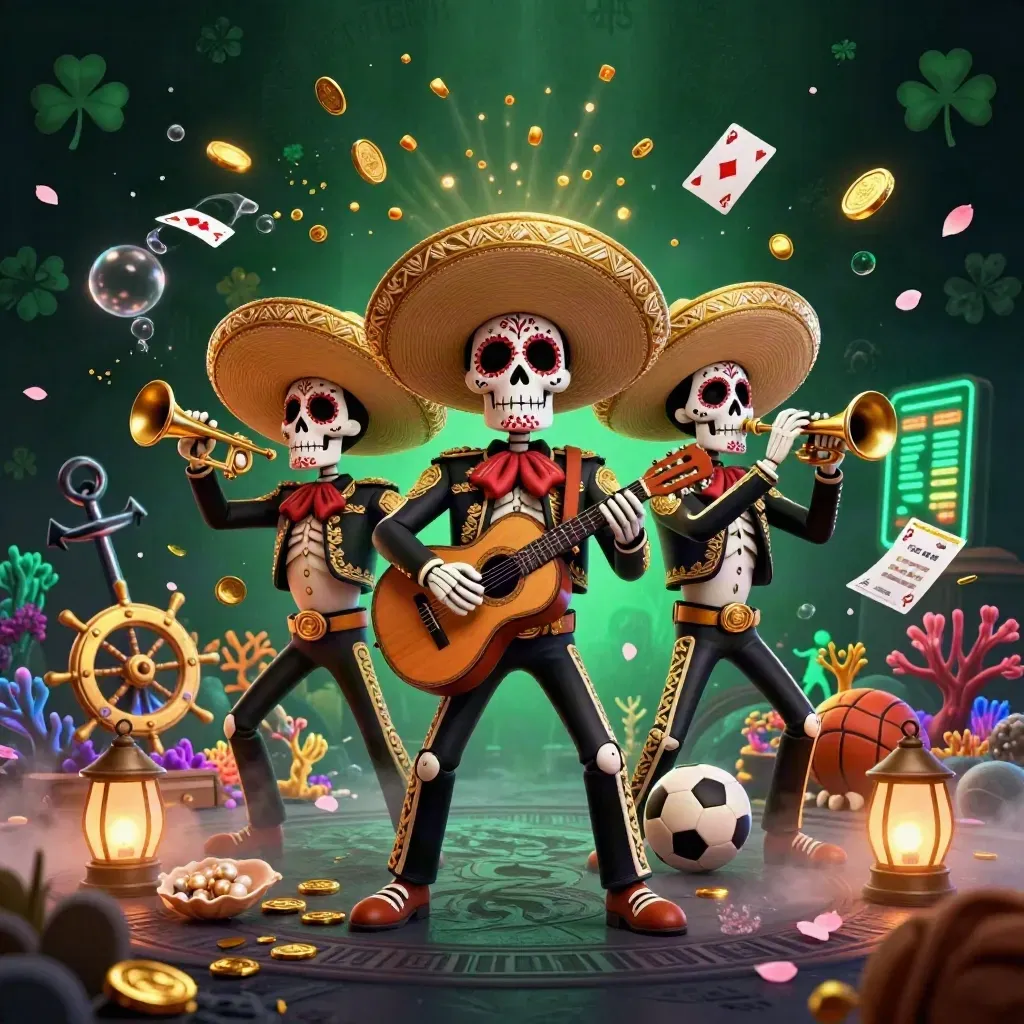 Skeleton mariachi trio amid casino treasure, cards, coins, coral, and neon emerald-gold glow.