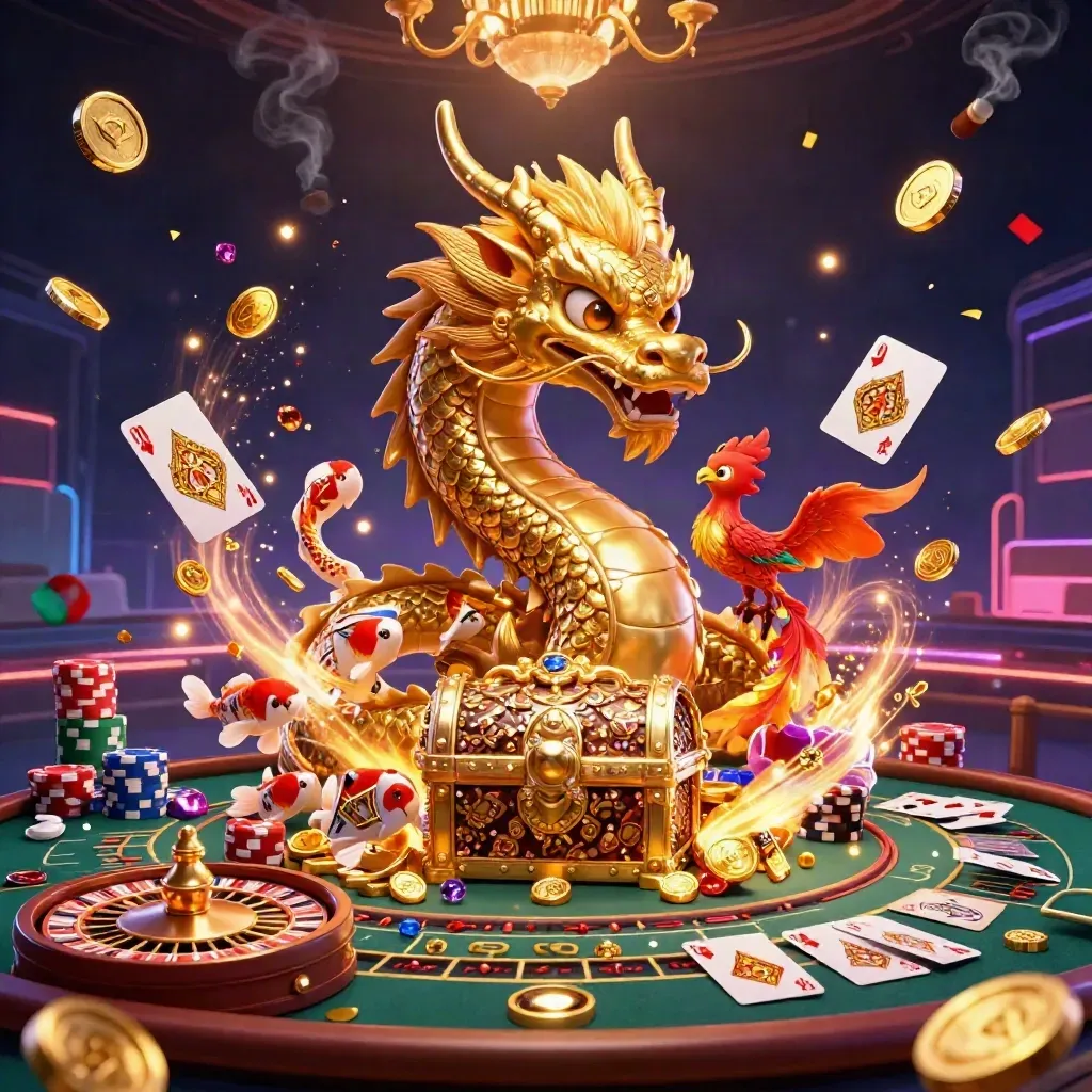 Golden dragon with phoenix, koi, roulette wheel, chips, coins, and casino lights