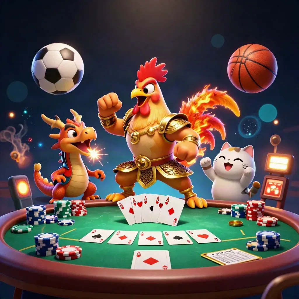 Rooster samurai, dragon hatchling, and fortune cat amid poker chips, sports balls, sparks, and neon haze