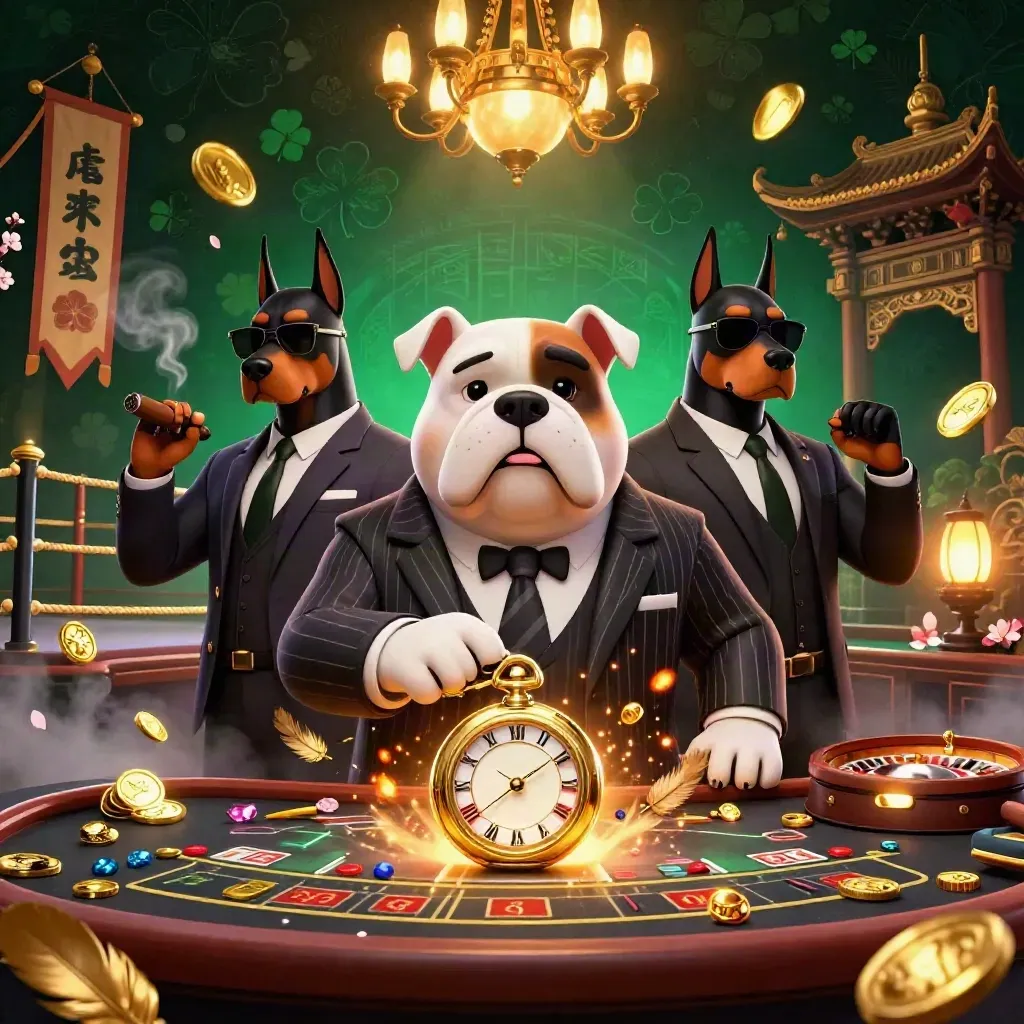 Bulldog boss and Dobermans in a neon casino with roulette, gold, and temple-gate drama