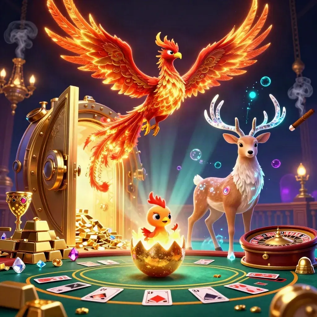 Phoenix trio in a vault-lit casino scene with gold, gems, roulette wheel, and cyan magic glow.