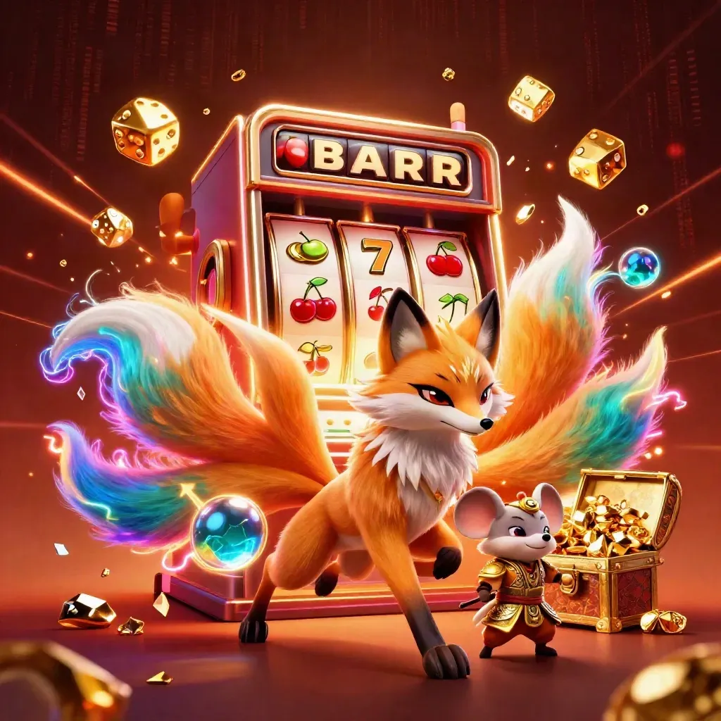 Fox spirit and samurai mouse amid exploding gold, dice, reels, and neon energy