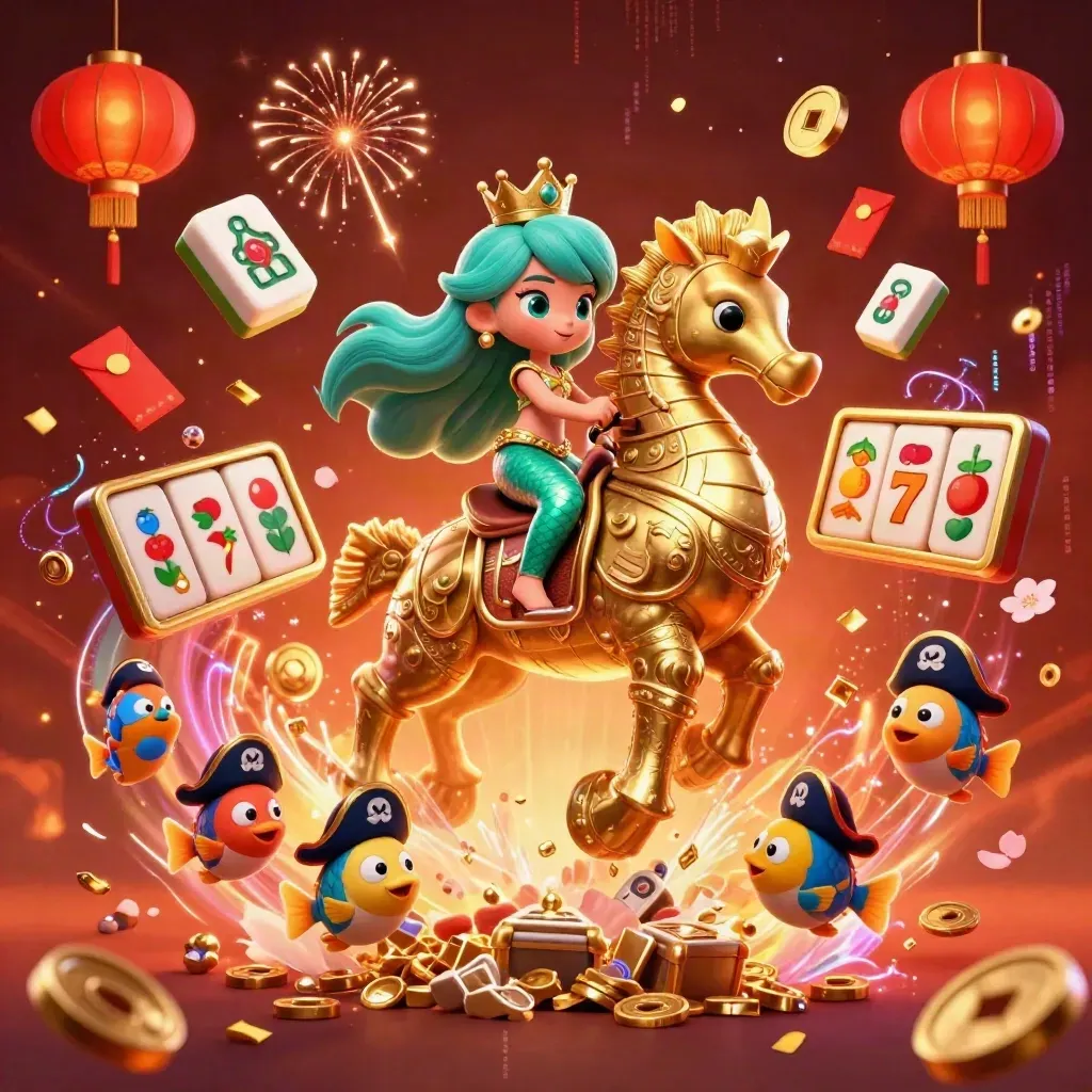 Mermaid princess on an armored seahorse amid casino tiles, coins, lanterns, and neon energy.