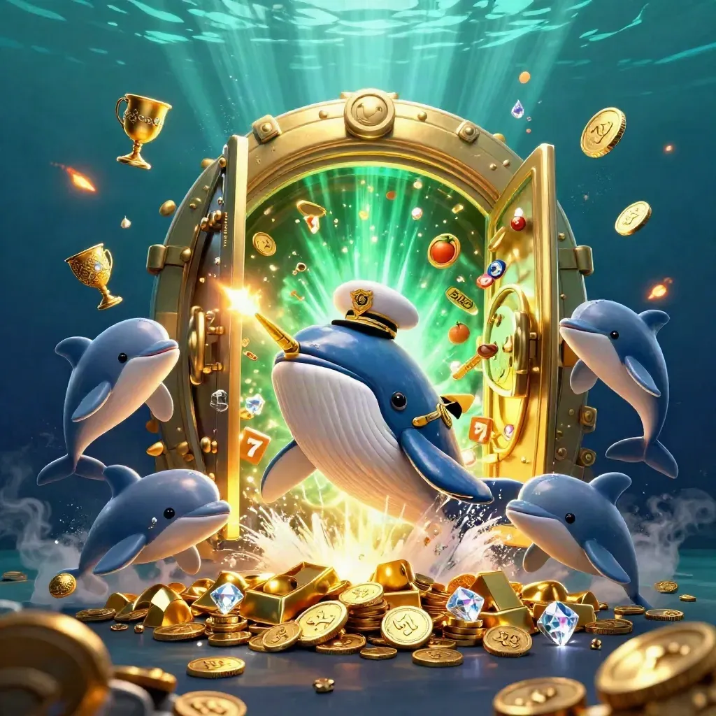 Whale captain, narwhal and dolphins burst through coins and treasure in an emerald casino splash scene.
