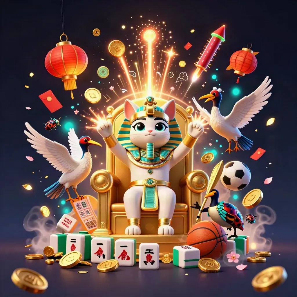 Pharaoh cat, ibis scribe, and scarab beetles amid coins, lanterns, fireworks, and treasure.