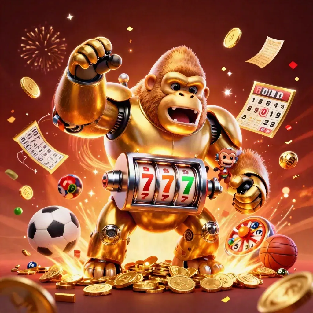 Golden gorilla mech with monkey pilot, coins, prize wheel, lottery balls and fireworks.