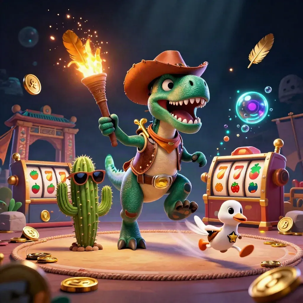 Cowboy T-Rex, cactus sidekick, and sheriff roadrunner burst through neon casino treasure