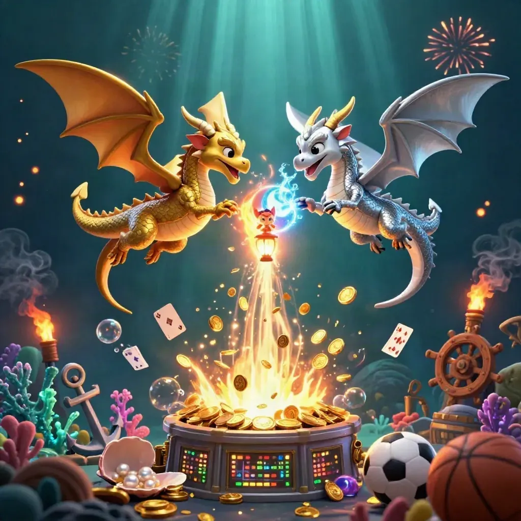 Twin gold and silver dragons erupt with coins, coral, treasure, and a lantern spirit underwater.