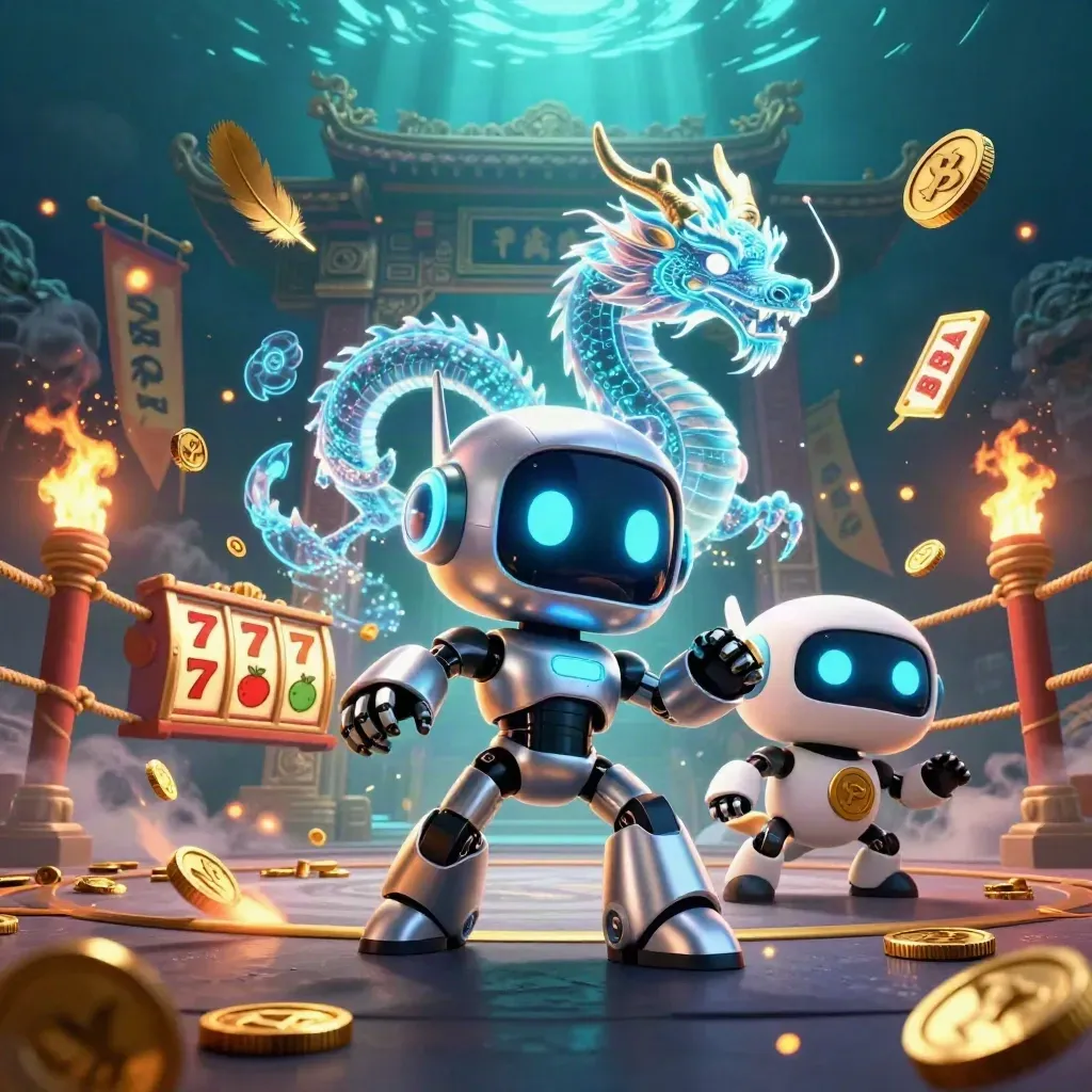 Cyberpunk robot, holographic dragon and coin drone in a fiery casino-temple splash scene.