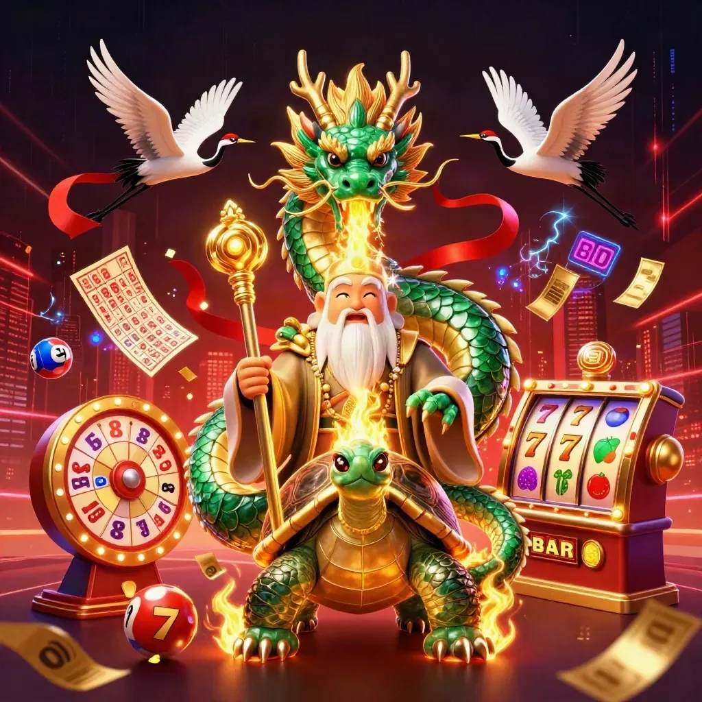 Emerald dragon, turtle sage, and cranes amid casino symbols and neon energy
