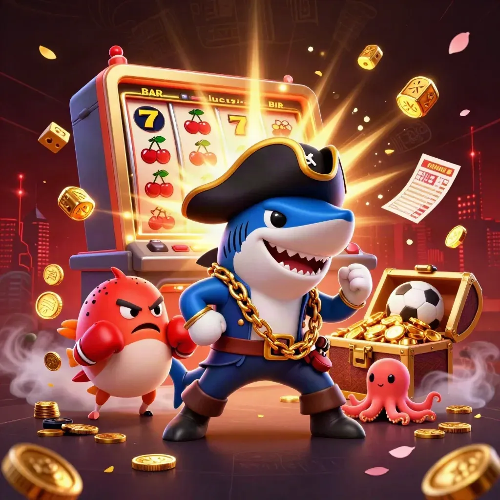 Shark pirate, pufferfish boxer, and baby octopus amid exploding slot reels and gold coins.