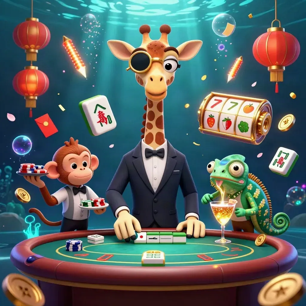 Giraffe, monkey, and chameleon in a glowing underwater casino scene with gold coins and lanterns