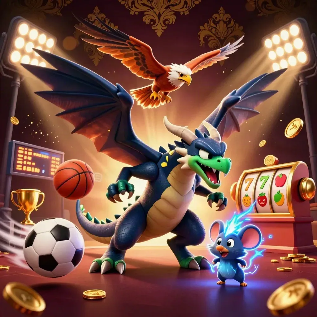 Thunder dragon, wind hawk, and static mouse amid casino icons, coins, lights, and gold damask