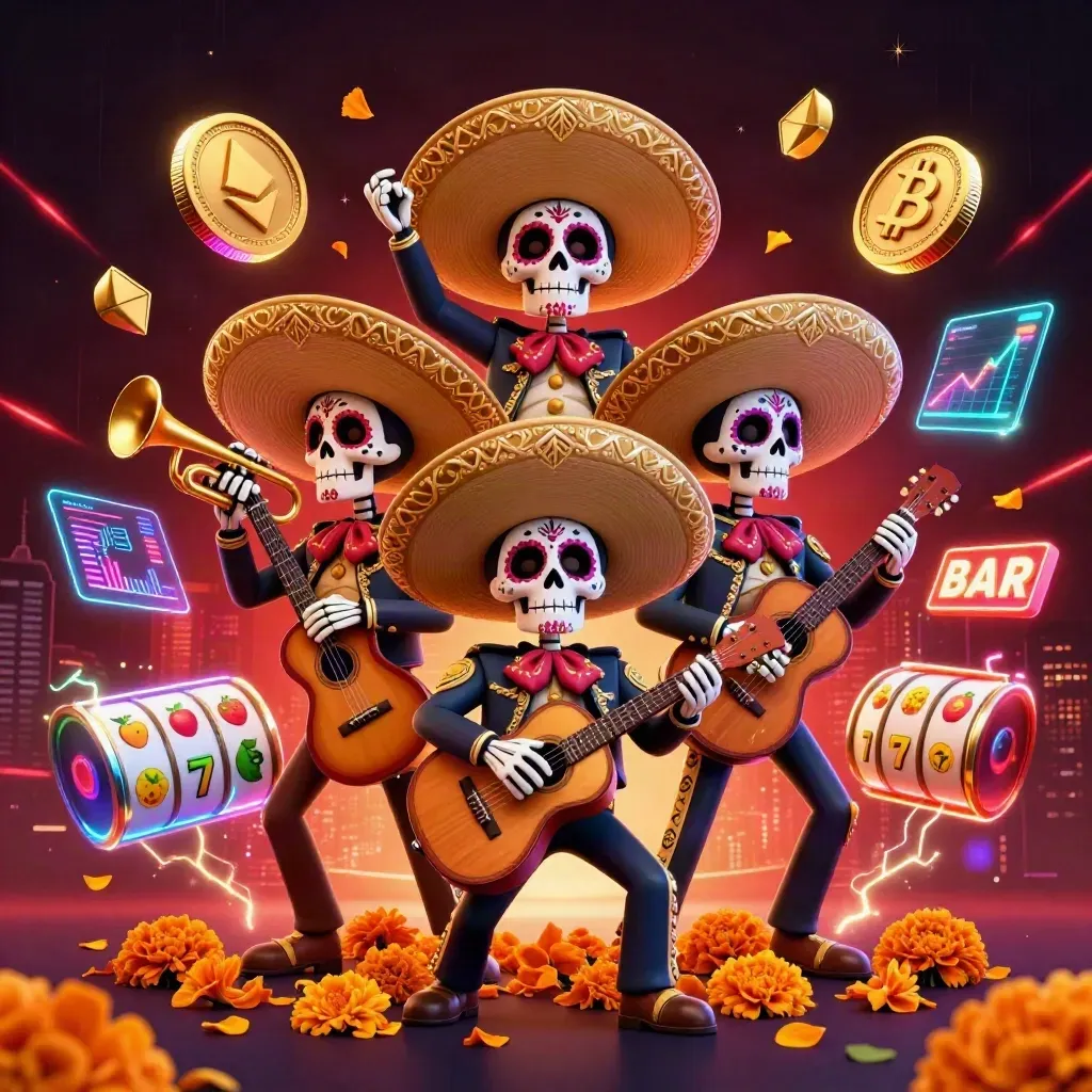 Day-of-the-Dead skeleton mariachi trio amid neon coins, reels, and jackpot energy.