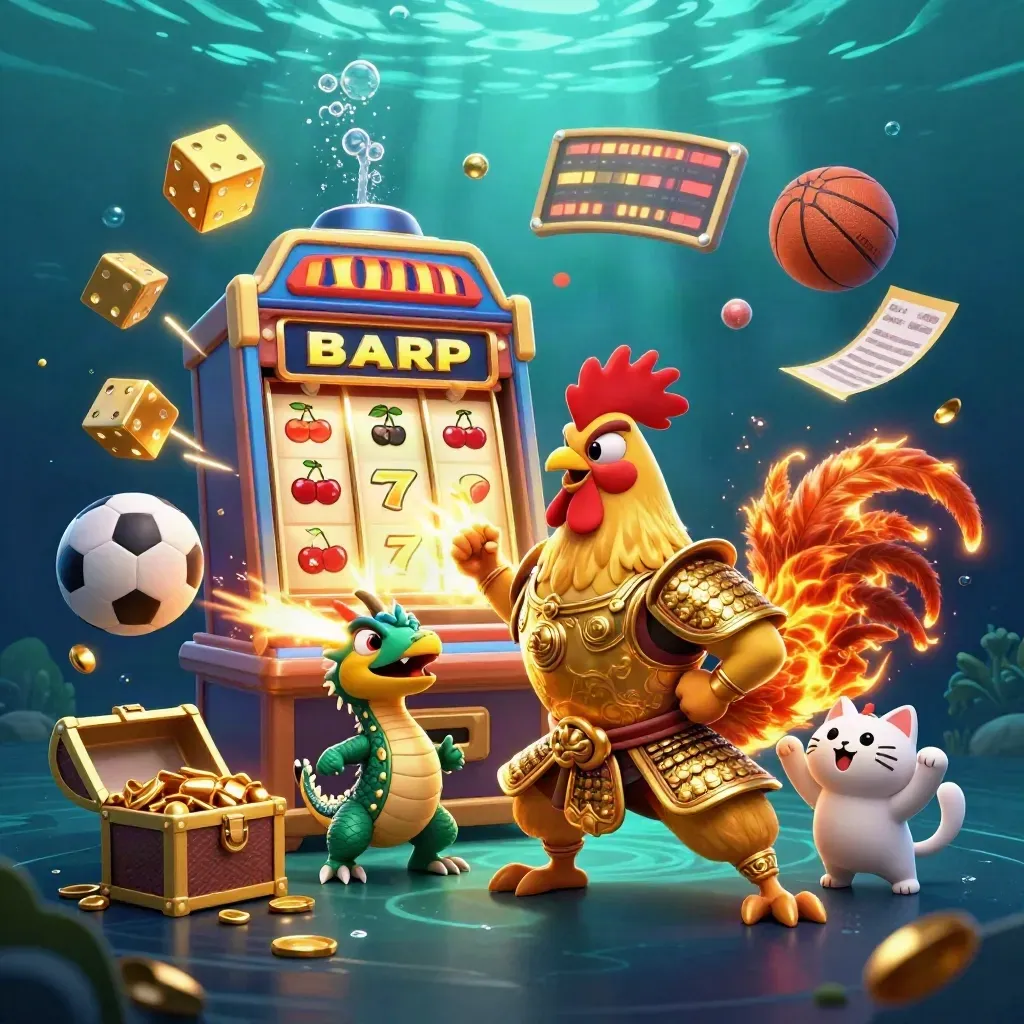 Rooster samurai, dragon hatchling, and fortune-cat amid jackpot symbols underwater