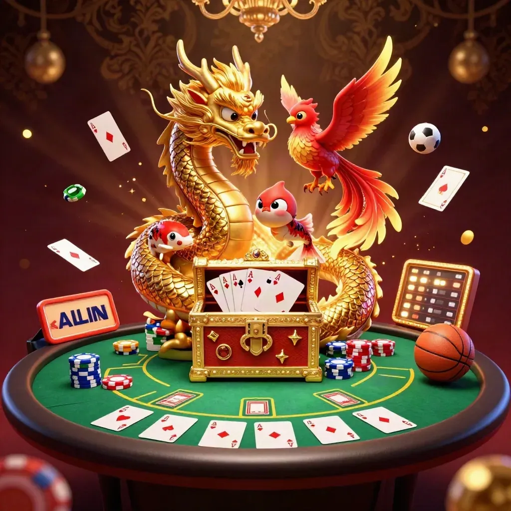 Golden dragon and phoenix around a treasure chest with cards, chips, and casino glow
