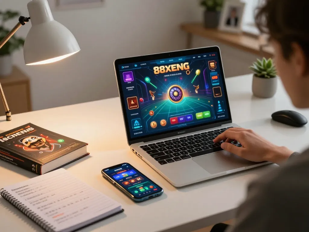 The excitement of online gambling at home with 88xeng gaming app displayed on a laptop screen.