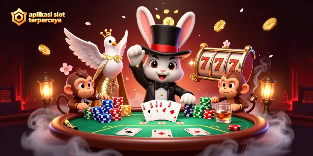 Engage with aplikasi slot terpercaya showcasing a magician, dove, and monkey in a vibrant 3D casino scene.