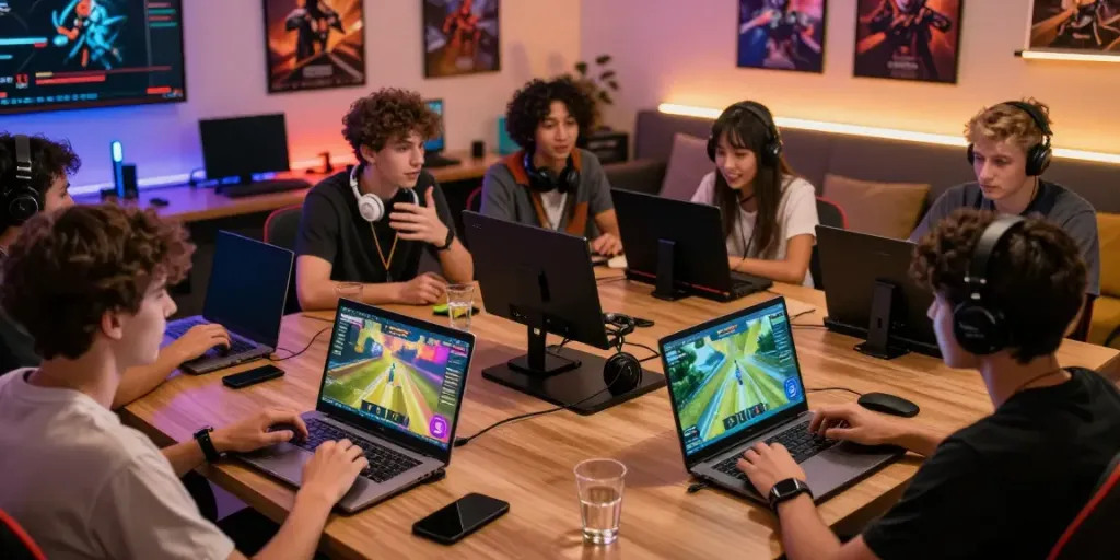 Engaging community of gamers interacting with F168's platform, showcasing diverse devices and a vibrant online atmosphere.