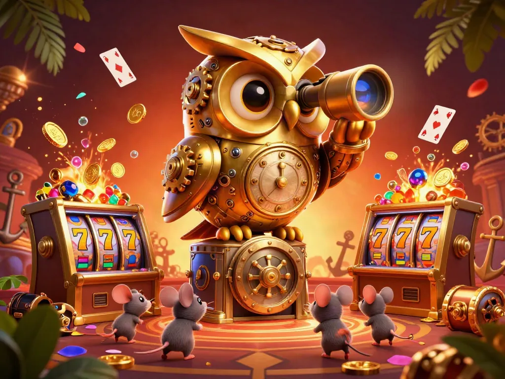 Experience the thrill of LC88 gaming with 3D cartoon owl overseeing vibrant casino fun.
