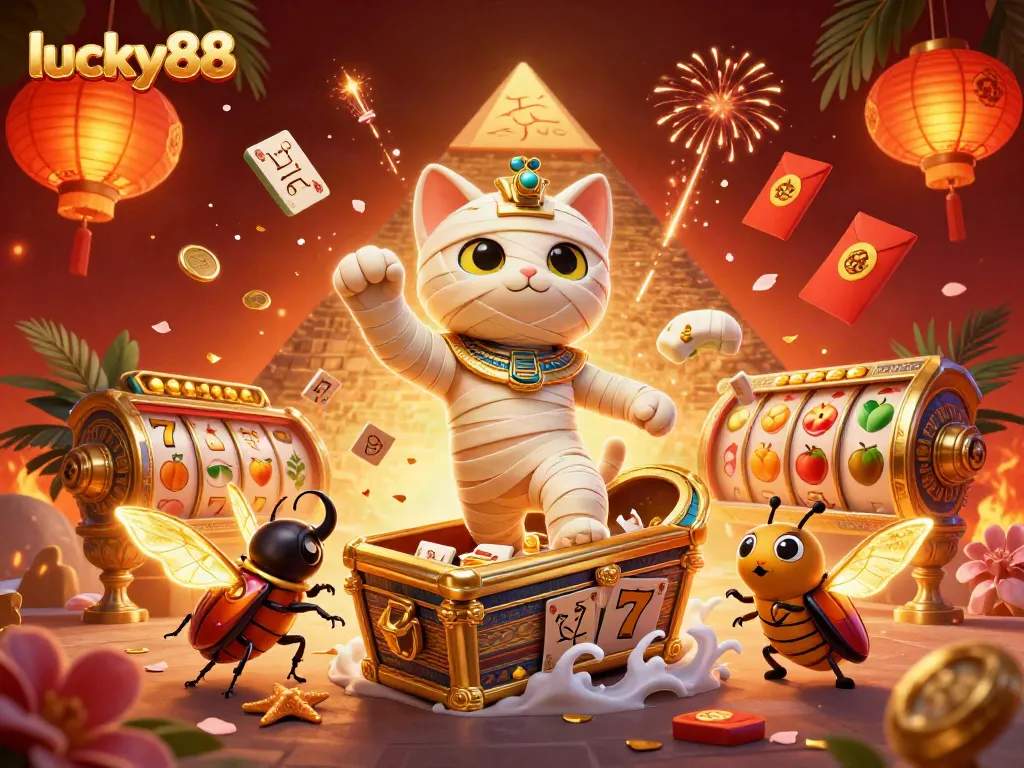 Experience the thrill of lucky88 with a vibrant 3D scene of the Egyptian mummy cat bursting from its sarcophagus in a pyramid casino.