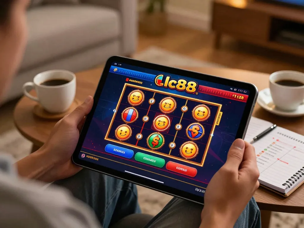 Engaging in online gaming on lc88 .com with vibrant slot graphics and cozy home setup.