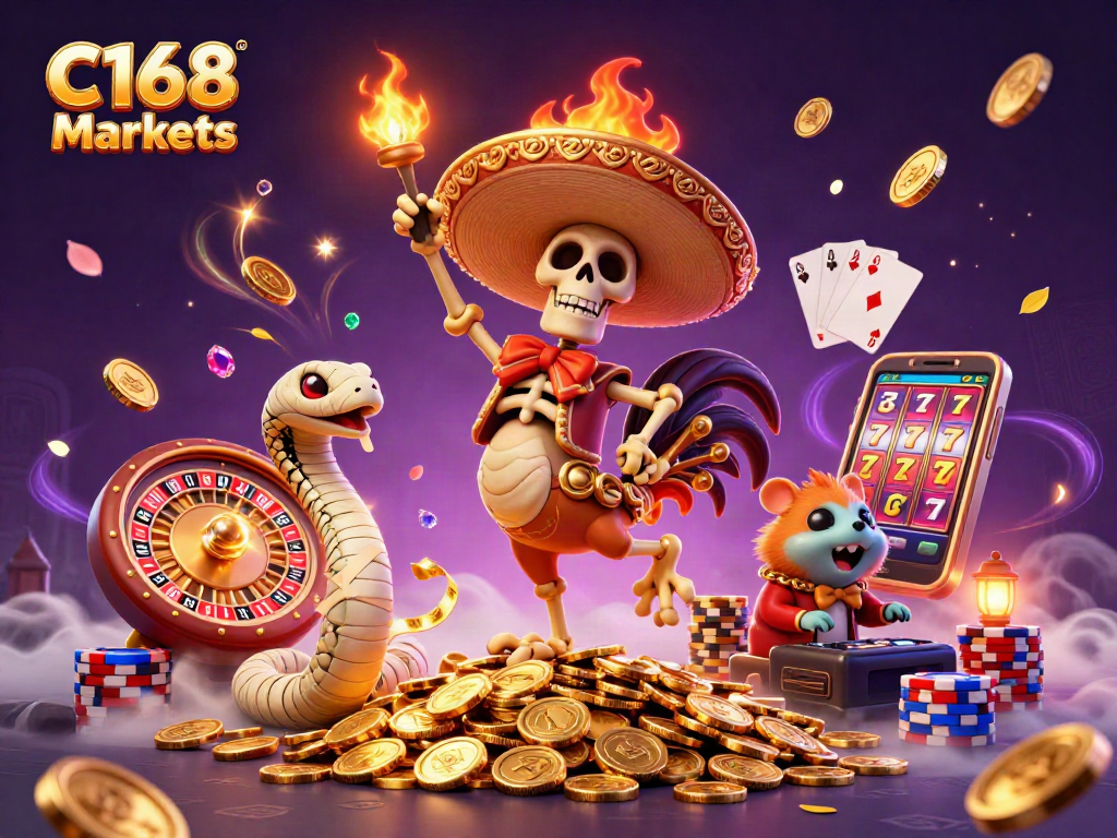 C168 Markets showcases a lively 3D casino scene with animated characters and iconic game elements.