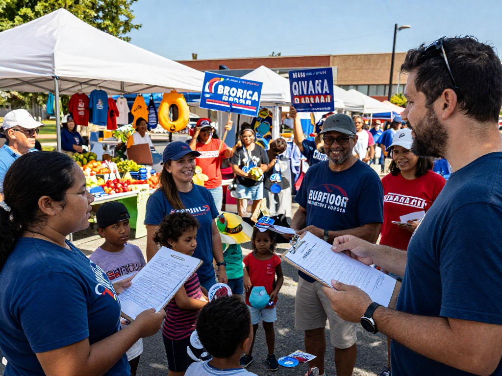 Candidate engaging voters at farmer's market, showcasing mayoral campaign marketing strategies during community outreach.