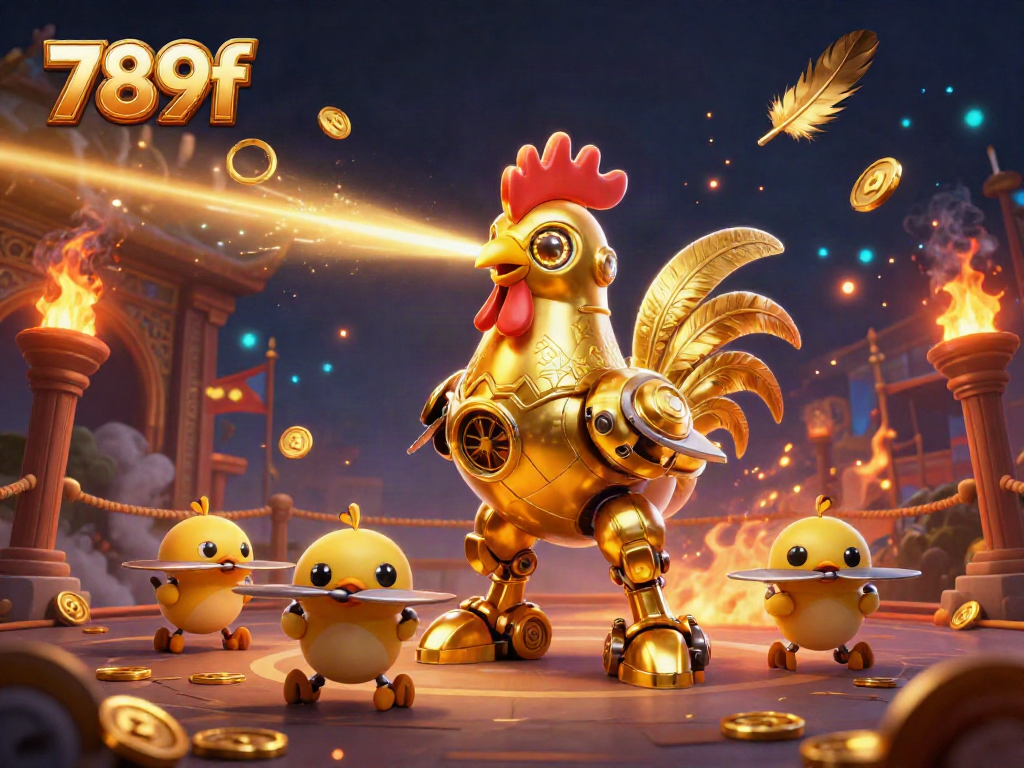 Engage in thrilling games at 789f with a dynamic scene featuring a golden rooster robot and baby chick drones.