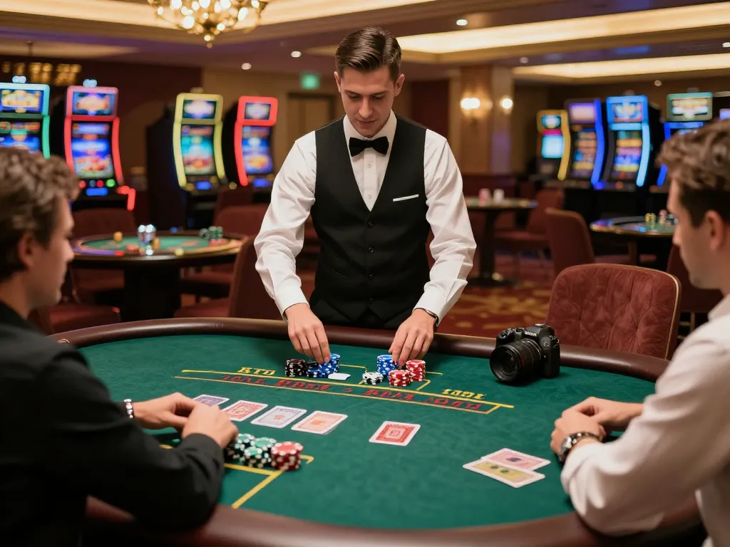 Players strategizing at a blackjack table in an upscale casino setting, enjoying their experience with 5699.