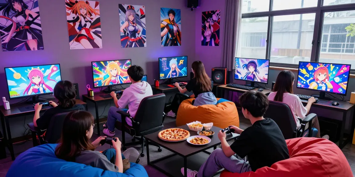 Players enjoying a lively session of a hentai game in a neon-lit gaming lounge.
