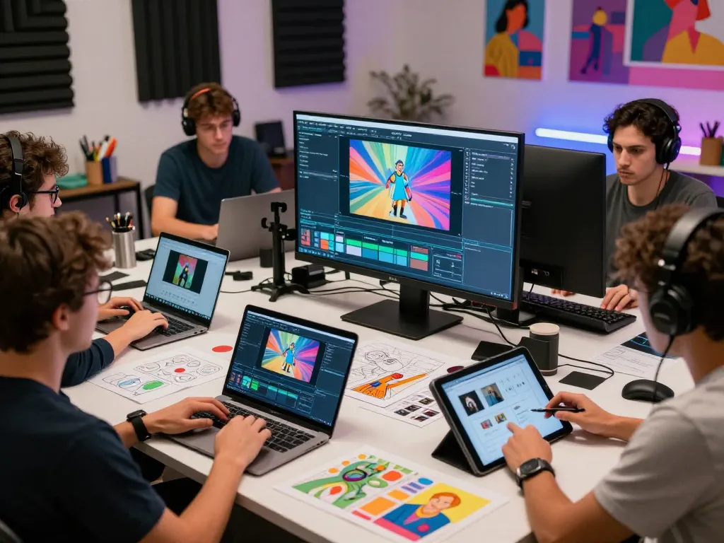 Innovative creative studio for mind control video production showcasing dynamic teamwork and advanced technology.