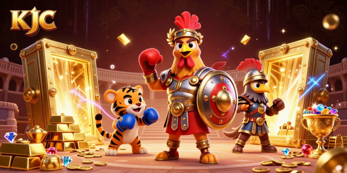 KJC players enjoy a vibrant 3D casino scene with gold treasures and dynamic characters.